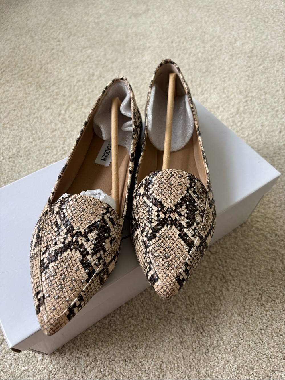 Steve Madden Pointed Snake-Print Flats in Beige and Black